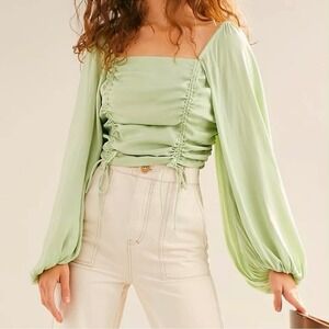 Free People Ilaria Ruched Drawstring Blouse‎ Sage Green Large